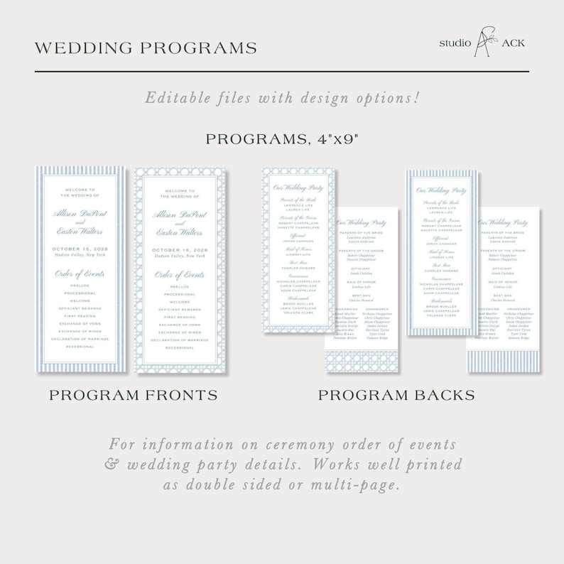 Watercolor Blue Wedding Program Template, Double-Sided Ceremony Outline, Rattan and Stripes, Order of Events, Editable in Canva, Veranda Bild 7
