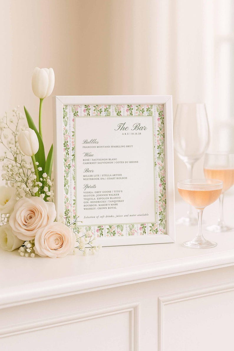 Hand-Painted Wedding Bar Menu Template, Watercolor Signature Drinks Sign, Editable Canva Bar Sign, Cocktail Menu Printable, Bloomfield afbeelding 3