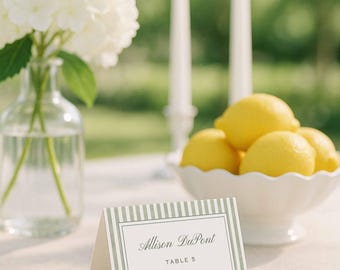 Green Stripe Escort Card Template, Hand Painted Watercolor Stripe Place Cards, Editable Flat & Folded Wedding Cards, Printable, Grove