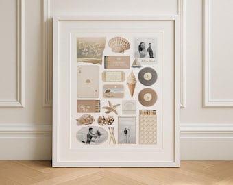 Neutral Coastal Matchbook Poster Print, Personalized Photo Collage Wall Art, Timeless Coastal Keepsake, Seashell & Starfish, Romantic Gift