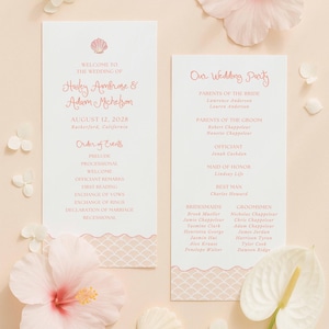 Scalloped Beach Wedding Program Template, Whimsical Seashell Watercolor, Hand Painted Peach & Pink Ceremony Order of Events, Peach Breeze