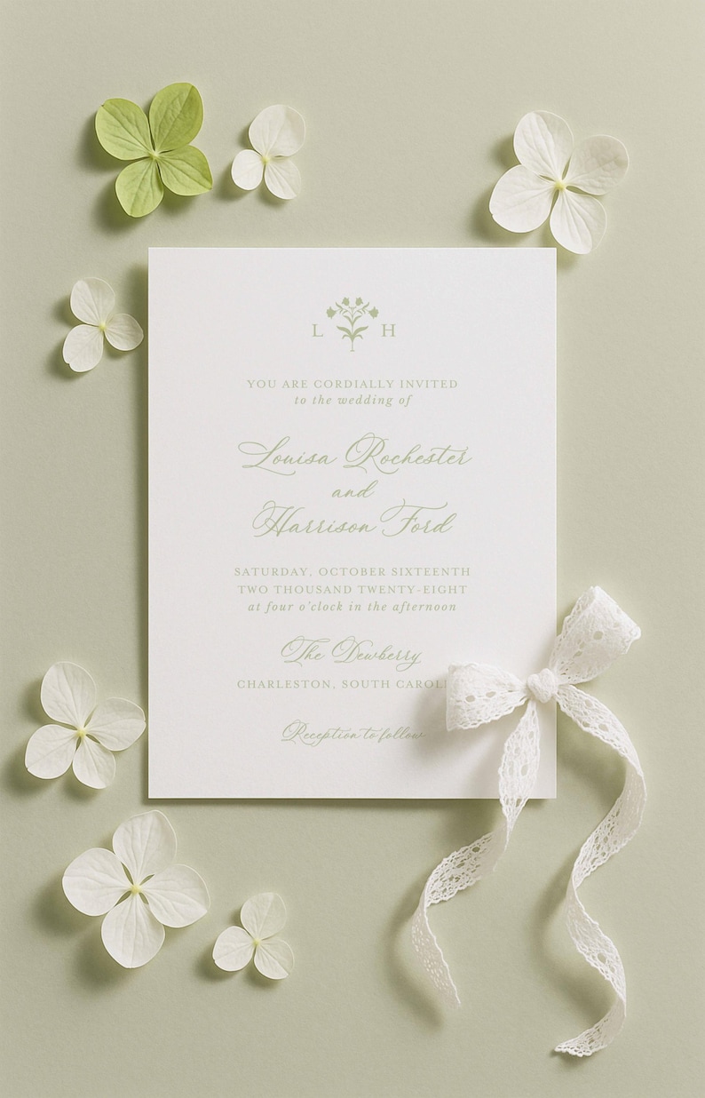 The image is a wedding invitation card with a white background, surrounded by white flowers and a white ribbon.
