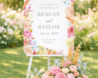 Colorful Wedding Welcome Sign, Hand Painted Watercolor Floral, Bright Flowers, 24x30 or 24x36 Inches, Ceremony Entrance Signage, Colorbloom