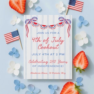 May include: An invitation for a 4th of July cookout, featuring red, white, and blue decorations. The card has the text "4th of July Cookout" and "Celebrating 250 Years of Independence!" Strawberries, flowers, and miniature American flags are arranged around the card.