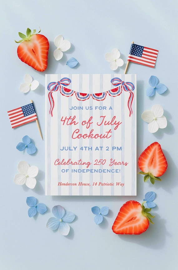 4th of July Cookout Invitation Template, Red White Blue Patriotic Watercolor Stripes, 250th Independence Day Party Invite, Digital Download
