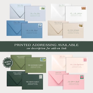 May include: A collection of envelopes in various colors including light blue, white, beige, olive green, dark green, and pink. Each envelope features printed names and addresses, some with postage stamps. Text reads: PRINTED ADDRESSING AVAILABLE.