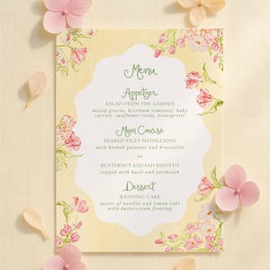 Whimsical Floral Menu Template, Watercolor Garden Dinner Menu, Spring or Summer Event, Garden Party, Printable Editable Menu Card, Soleil