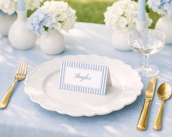 Watercolor Striped Wedding Place Card Template, Blue Theme, Folded & Flat Name Cards for Seat Assignments, Personalizable in Canva, Stripe3
