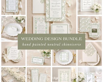 May include: A wedding stationery suite featuring hand-painted green chinoiserie botanical patterns on white paper. The collection includes invitations, menus, place cards, and table numbers, all displayed with elegant typography and matching envelopes.