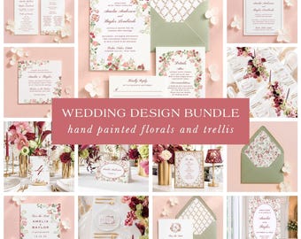 Wedding Bundle, Editable Wedding Stationery Template Set, Hand-Painted Watercolor Florals, Garden Wedding, Dusty Pink & Burgundy, Rosewood