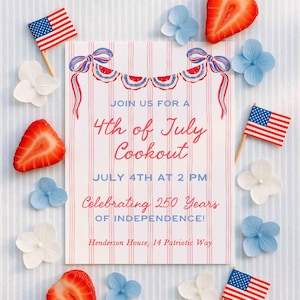 May include: An invitation for a 4th of July cookout, featuring red, white, and blue decorations. The card has the text "4th of July Cookout" and "Celebrating 250 Years of Independence!" The image includes strawberries, flowers, and miniature American flags.
