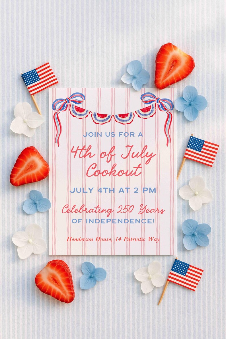 May include: An invitation for a 4th of July cookout, featuring red, white, and blue decorations. The card has the text "4th of July Cookout" and "Celebrating 250 Years of Independence!" The image includes strawberries, flowers, and miniature American flags.