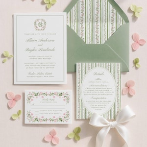 Watercolor Wedding Crest Invitation Suite, Custom Monogram, Grandmillennial Pink & Green Floral with Bow, Canva Digital Download, Bellafleur