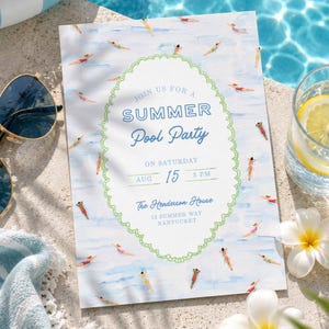 May include: A rectangular invitation card featuring a watercolor pattern of swimmers in blue water, enclosed by a scalloped light green border. The text reads: JOIN US FOR A SUMMER Pool Party ON SATURDAY AUG 15 3 PM The Henderson House 12 SUMMER WAY NANTUCKET.