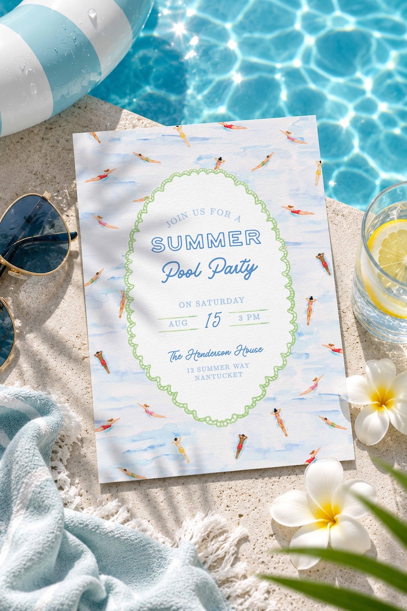 May include: A rectangular invitation card featuring a watercolor pattern of swimmers in blue water, enclosed by a scalloped light green border. The text reads: JOIN US FOR A SUMMER Pool Party ON SATURDAY AUG 15 3 PM The Henderson House 12 SUMMER WAY NANTUCKET.