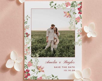 Watercolor Save the Date Template, Hand Painted Florals, Romantic Garden Wedding, Dusty Pink and Burgundy, Editable with Monogram, Rosewood