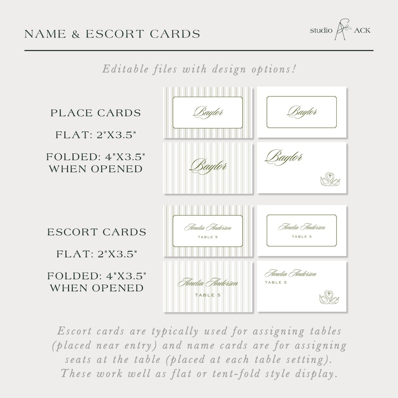 a collection of name and escort cards, which are typically used for assigning tables and name cards for seating at the table. These cards can be placed near the entry or at each table setting, depending on the style of display.