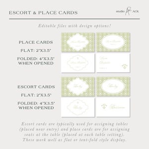 The image is a collection of place cards and escort cards, which are typically used for assigning tables and seating at a table. The place cards are in a flat style, measuring 2x3.5 inches, while the escort cards are folded in a 4x3.5-inch style. These cards are designed to be placed near the entryway and at each table setting, serving as place cards for guests to identify their seats.