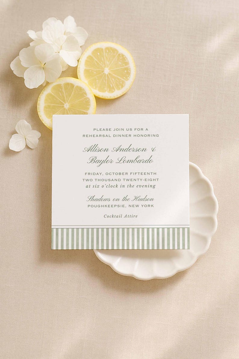 Green Stripe Rehearsal Dinner Invitation, Watercolor Stripe Rehearsal Template, Editable Canva Printable Invite Insert Card, Grove image 5