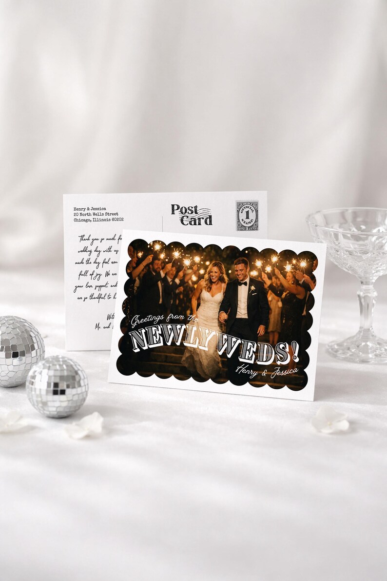 Wedding Thank You Cards, Printable Scalloped Vintage Photo Postcard, Customizable Canva Digital Files for Newlywed Thank You Notes image 10