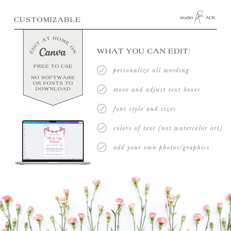 May include: A design template with the Canva logo and text that reads "Edit at Home On Canva". The image shows a laptop displaying a design with the text "4th of July Cookout". The design allows you to personalize wording, text boxes, font styles, and colours.
