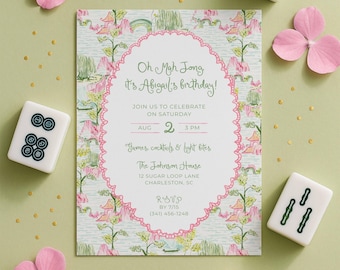 Mahjong Toile Birthday Invitation Template, Hand Painted Watercolor Mahj Invite, Digital Evite or Printable Card, Scalloped Design
