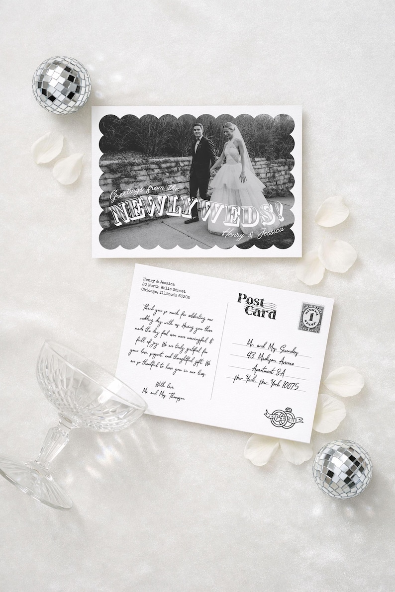 Wedding Thank You Cards, Printable Scalloped Vintage Photo Postcard, Customizable Canva Digital Files for Newlywed Thank You Notes image 4