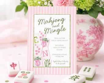 Mahjong Girls Game Night Template, Digital or Printable Mahj Party Invite, Mahjong & Mingle, Hand Painted Watercolor, Pink and Green Stripes