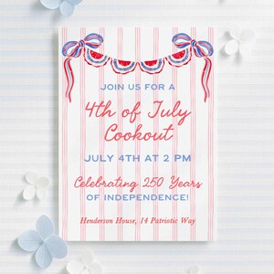 May include: An invitation for a 4th of July cookout, featuring red and blue decorative elements. The text reads "Join us for a 4th of July Cookout" and "Celebrating 250 Years of Independence!" The invitation is on a striped background.