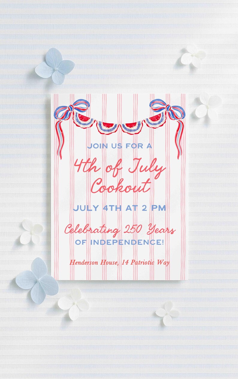 May include: An invitation for a 4th of July cookout, featuring red and blue decorative elements. The text reads "Join us for a 4th of July Cookout" and "Celebrating 250 Years of Independence!" The invitation is on a striped background.