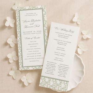 Elegant Watercolor Wedding Program Template, Double-Sided Neutral Chinoiserie Floral Outline, Romantic Garden Ceremony Program, Briarwood