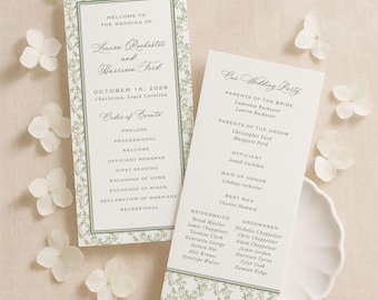 Elegant Watercolor Wedding Program Template, Double-Sided Neutral Chinoiserie Floral Outline, Romantic Garden Ceremony Program, Briarwood