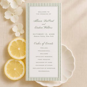 Green Stripe Wedding Program Template, Watercolor Ceremony Program, Tall 4x9 Double-Sided Canva Template, Printable, Grove