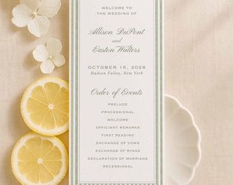 Green Stripe Wedding Program Template, Watercolor Ceremony Program, Tall 4x9 Double-Sided Canva Template, Printable, Grove