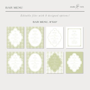 a collection of six different bar menu designs, each with a unique layout and color scheme. The bar menu options are editable and can be customized with various designs and fonts to create a visually appealing and personalized menu.