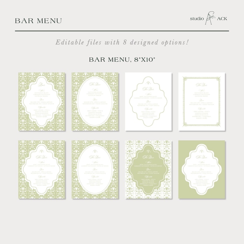 a collection of six different bar menu designs, each with a unique layout and color scheme. The bar menu options are editable and can be customized with various designs and fonts to create a visually appealing and personalized menu.