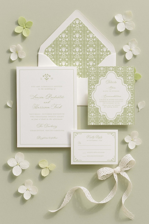 Elegant Wedding Invitation Suite Template, Hand Drawn Grandmillennial Floral Invite Design, Customizable Colors, Wedding Stationery, Fleur