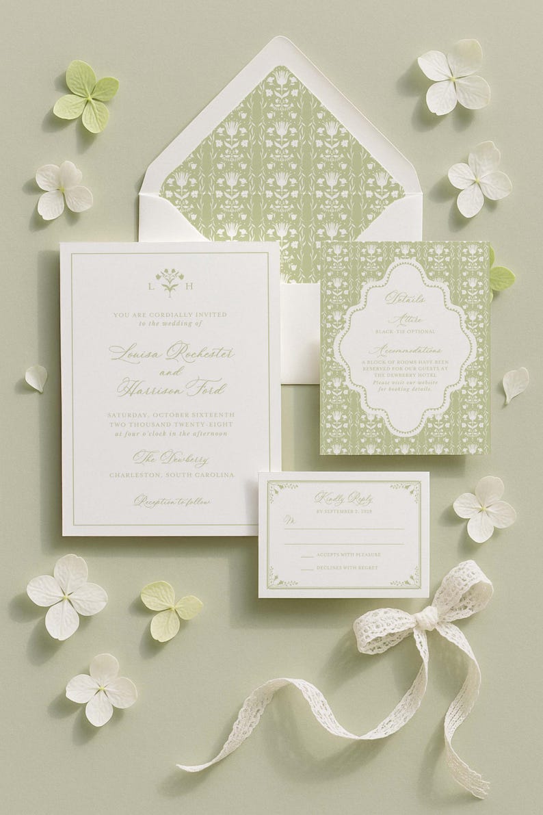 A formal wedding invitation featuring a white and green color scheme, with floral accents and a lace ribbon.