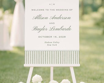 Green Stripe Welcome Sign Template, Hand Painted Watercolor Stripe Wedding Welcome Sign, Large Editable Canva Sign, Printable, Grove