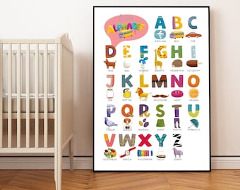 Impresión de póster del alfabeto, póster ABC, impresión de arte de pared, póster para habitación de niños, póster educativo, arte de pared imprimible, impresión digital, descarga digital