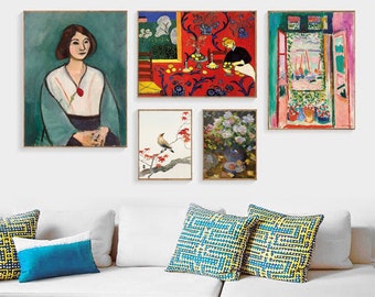 Matisse Print Set Of 5, Henri Matisse The Open Window, Flower, Ohara Koson Bird Print, La Desserte Rouge, Wall Print Set, Exhibition Poster