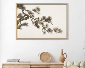 May include: A framed black and white illustration of a pine tree branch with needles. The illustration is on a white background and is framed in a light wood frame. The frame is hanging on a white wall.