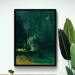 Pode incluir: Pintura abstrata com fundo verde escuro e detalhes dourados. A pintura tem uma superfície texturizada e uma sensação de sonho e etérea.