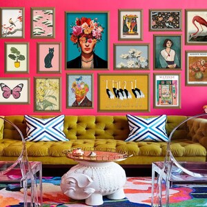 Colorido conjunto de pared de galería ecléctica de 16, decoración de pared maximalista, estilo gitano, paquete de impresiones de pared, Frida Kahlo, Picasso, Van Gogh, Digital