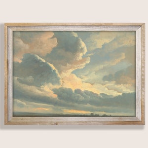 May include: A framed painting depicting a landscape with a cloudy sky. The sky is a mix of light blue, grey, and white clouds, with a hint of yellow in the distance. The horizon is a thin line of dark green, suggesting a field or forest.