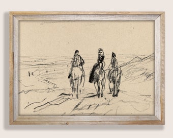 Vintage Horse Sketch Wall Print, Antique Poster, Farmhouse Print, Abstract Minimalist Line Art, Minimal Decor, Moody Horse Herd Drawing Art