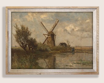 May include: A painting of a windmill in a rural landscape. The windmill is brown and white and has a wooden blade. The landscape is green and brown and includes a pond with a reflection of the windmill. The sky is blue and cloudy.