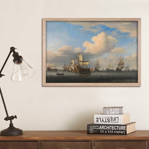 Könnte beinhalten: Ein gerahmtes Gemälde, das eine Seestück mit einer Flotte von Schiffen zeigt, die auf einem ruhigen Meer unter einem bewölkten Himmel segeln. Die Schiffe haben weiße Segel und braune Rümpfe. Der Himmel ist blau mit weißen Wolken. Das Gemälde ist in einem hellen Holzrahmen.