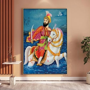 May include: A painting of a man on horseback, wearing a colorful turban and robe. The horse is white with gold accents and is standing in a blue body of water. The background is a blue sky with clouds.