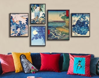 Utagawa Kuniyoshi Print Set of 5, Japanese Gallery Wall Set, Hashiguchi, Kuniyoshi, Blue Tone Wall Set, Vintage Decor, Trendy Art, Hokusai